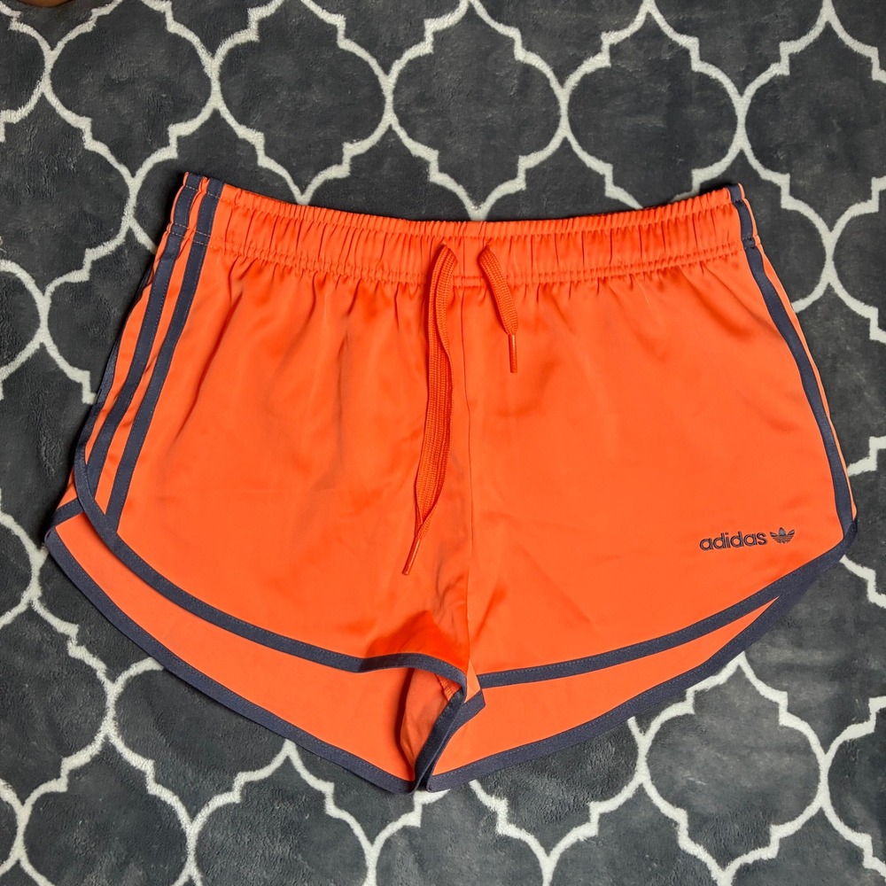 Adidas Originals Womens Small Orange Navy Blue 3 Stripe Track Shorts Retro Gym